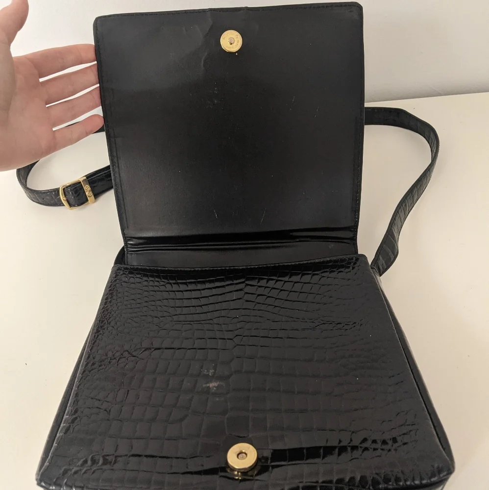 Vintage Black Faux Alligator Square Satchel/Messenger Crossbody Bag